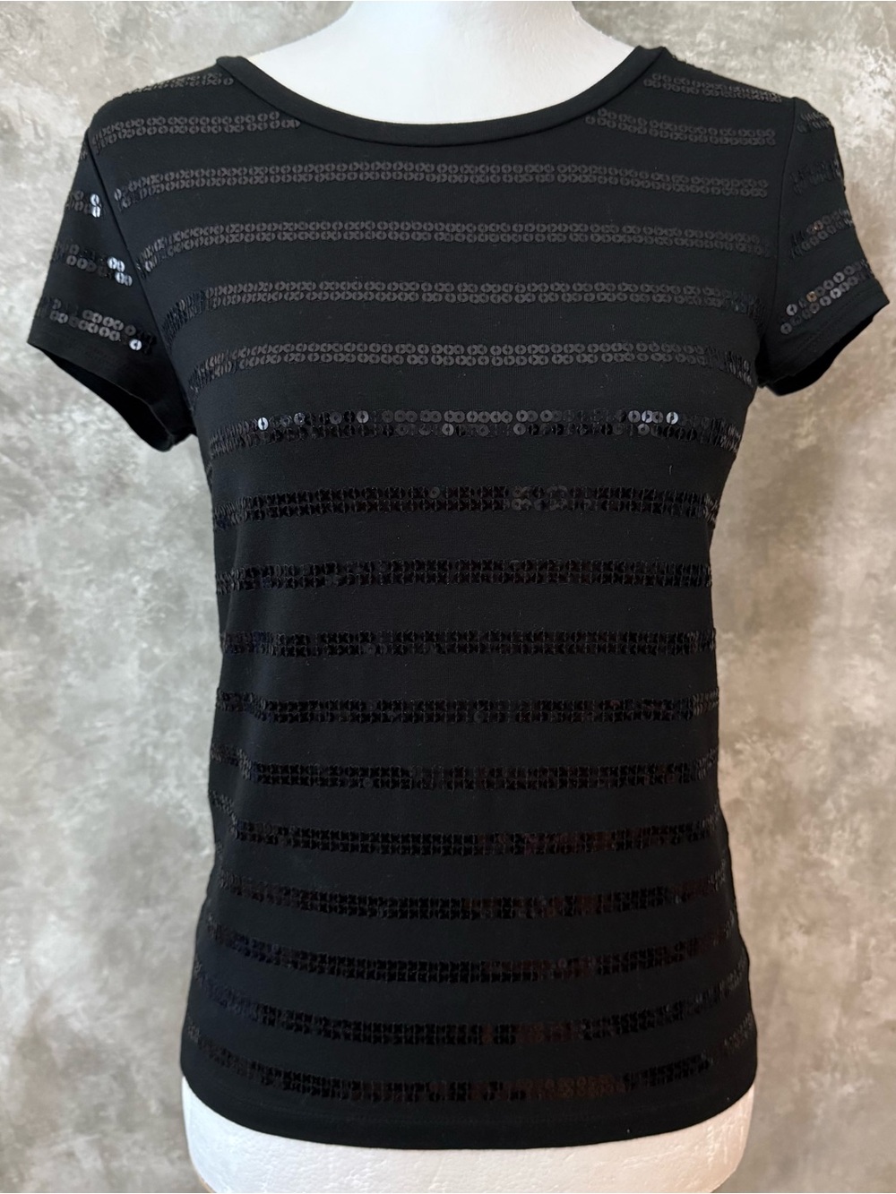 Ann Taylor Black Short Sleeve Sequin Stripe Top (love 26)